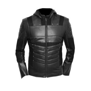 Arrow Oliver Green Schwarze Lederjacke mit Kapuze