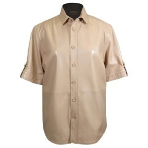 Damen Kurzarm-Hemdjacke aus Schaffellleder, Weiß