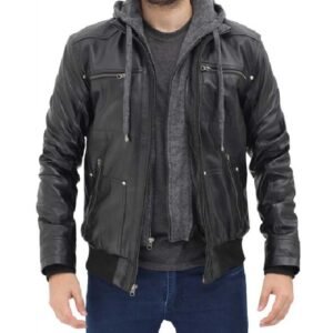 Schwarze Herren-Lederjacke mit Kapuze
