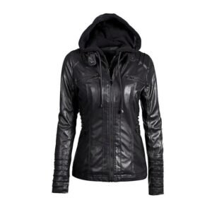 Schwarze Designer-Motorradlederjacke mit Kapuze