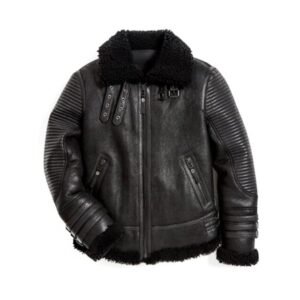 Schwarze Winterjacke aus Shearling-Leder und Pelz