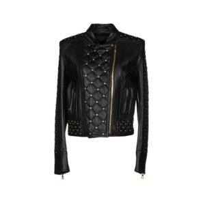Schwarze, gesteppte, stylische Biker-Lederjacke