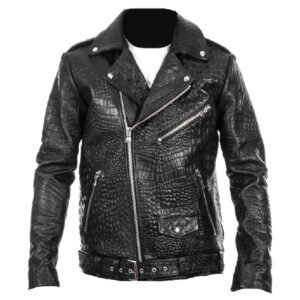 Biker-Stil-Kunstlederjacke mit Krokodilprägung