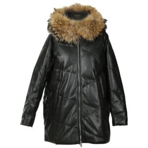 Damen-Steppjacke aus echtem Schaffell und Leder mit abnehmbarer Kapuze