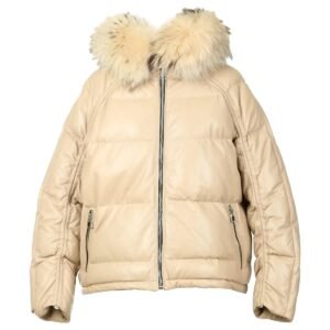 Damen-Steppjacke aus echtem Schaffell und Leder mit abnehmbarer Kapuze