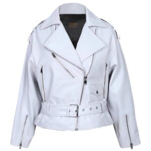 Klassische Damen-Bikerjacke aus weißem Schaffell im Moto-Stil