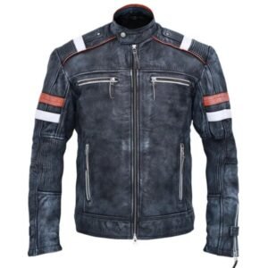 Vintage Biker-Lederjacke aus grauem Schaffell für Herren