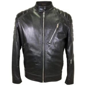 Schwarze Biker-Lederjacke mit Stehkragen für Herren aus Lammfell