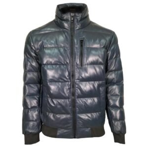 Herren-Pufferjacke aus Lammfell, Bomberjacke aus Leder, Marineblau