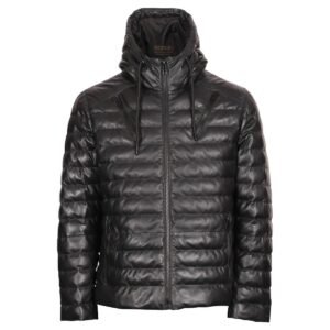 Schwarze Herren-Steppjacke aus Schaffell mit Kapuze