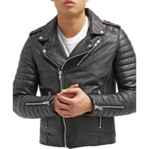 Schwarze Slim-Fit-Lederjacke für Herren im Biker-Stil