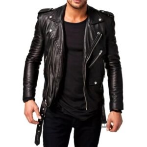Schwarze Slim-Fit Biker-Lederjacke für Herren