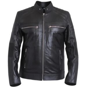 Schwarze klassische Biker-Lederjacke im Cafe-Racer-Stil für Herren