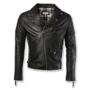 Herren-Motorradlederjacke aus gewachstem, gestepptem Jetleder