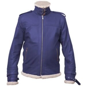 Herren-Lederjacke mit Shearling-Kragen, blau, Fliegerjacke