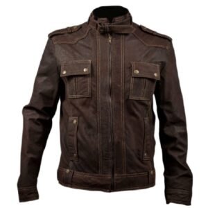 Herren-Bikerjacke aus braunem, stonewashed Leder, schmal geschnitten