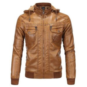 Vintage-Motorradjacke für Herren aus Leder mit Kapuze, Biker-Bomberjacke