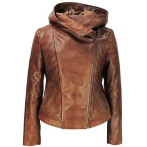 Sasha Damen-Lederjacke mit Kapuze, braun