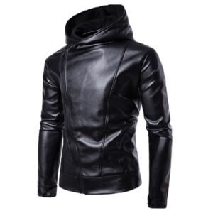 Herrenmode: Schräg geschnittene Lederjacke mit Kapuze