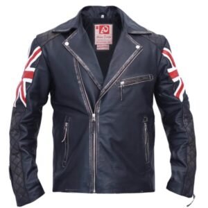 Vintage-Bikerjacke aus schwarzem Leder für Herren mit britischer Flagge