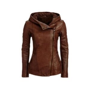 Damen-Lederjacke mit Kapuze, braun