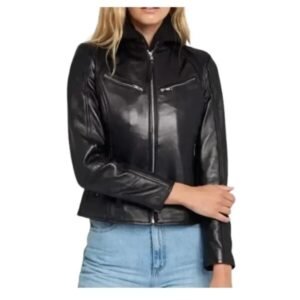Schwarze Damen-Lederjacke mit Kapuze