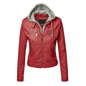 Damen-Lederjacke mit Kapuze, schmal geschnitten