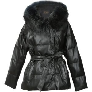 Schwarze Damen-Steppjacke aus Leder mit Pelzkapuze