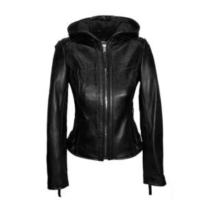 Klassische Biker-Lederjacke für Damen mit Kapuze