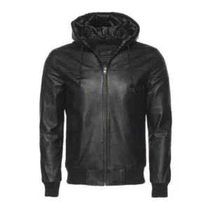 Schmal geschnittene Leder-Bomberjacke mit Kapuze