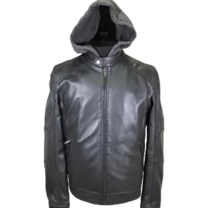 Herren Biker-Lederjacke mit abnehmbarer Kapuze