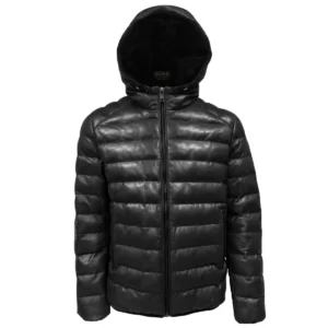 Herren-Leder-Steppjacke mit Kapuze