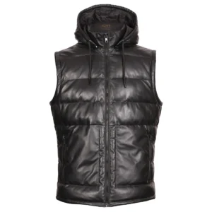 Herren-Leder-Steppweste mit Kapuze