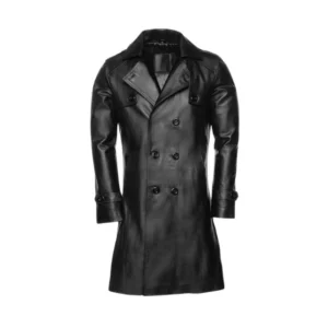 Schwarzer, zweireihiger Herrenmantel aus Schaffellleder