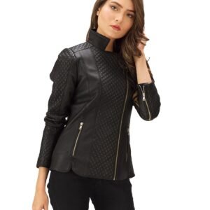 Schwarze klassische Cafe-Rider-Lederjacke für Damen