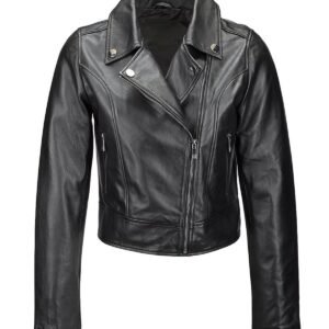 Schwarze Damen-Bikerjacke aus schwarzem Schaffell in schmaler Passform
