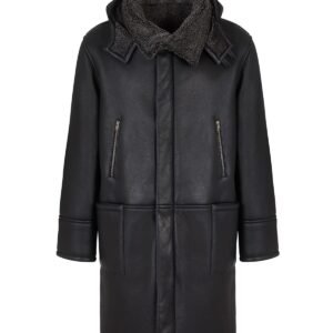 Herren-Ledermantel mit Kapuze aus Lammfell, Schwarz