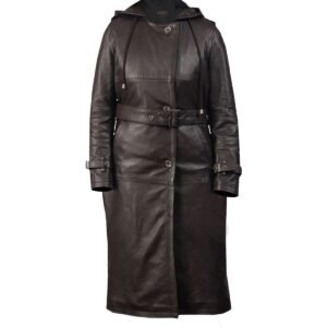 Damen langer Trenchcoat aus Naturleder, Schwarz