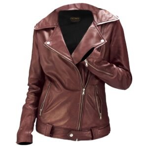 Klassische Biker-Lederjacke für Damen aus Lammfell in Bordeauxrot